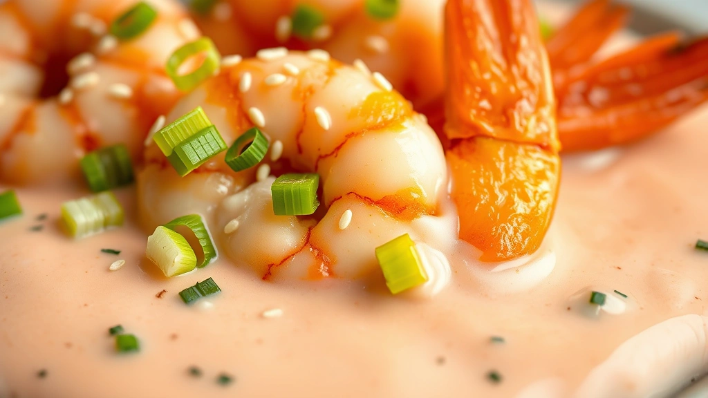 detail: close-up of creamy pink bang bang sauce coating perfectly fried shrimp, sesame seeds and green onion garnish visible, photorealistic, shallow depth of field, natural light, no text