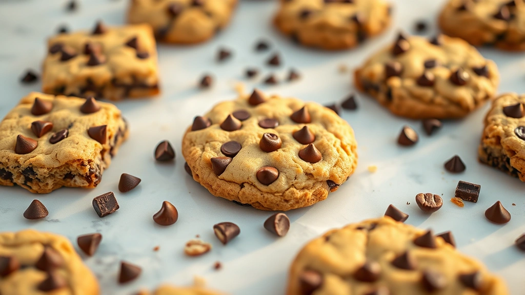 hero: freshly baked chocolate chip bar cookies arranged on a white marble surface with scattered chocolate chips and nuts, golden edges, warm golden hour lighting, shallow depth of field