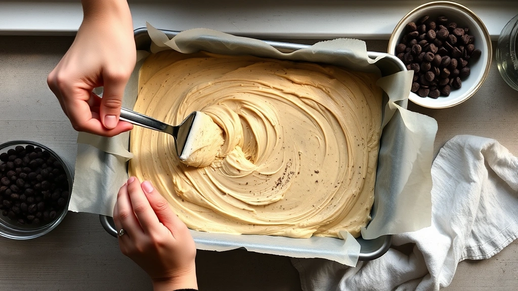 process: hands spreading batter into a parchment-lined baking pan with a spatula, bowl of chocolate chips nearby, overhead view, natural window light, artistic composition