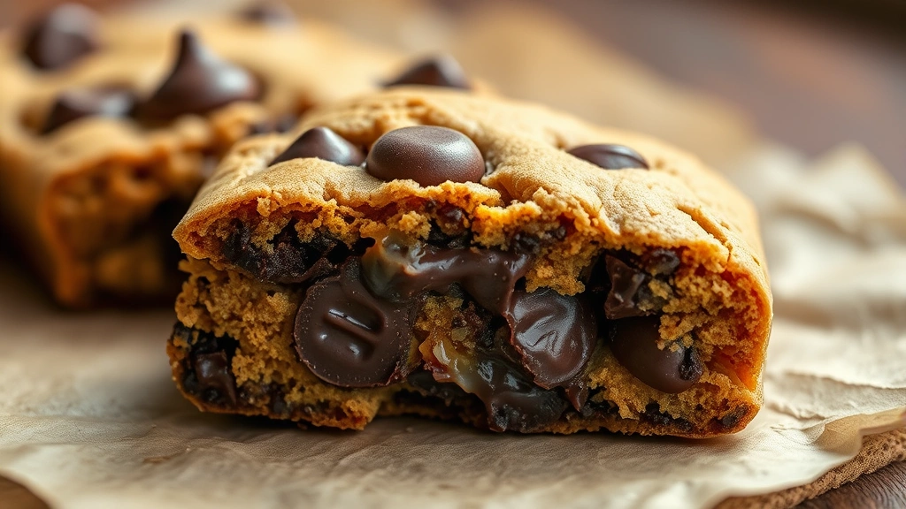 detail: close-up cross-section of a cut bar cookie showing melted chocolate chips and layers, sitting on parchment paper, macro photography, warm natural light, depth of field focusing on interior texture