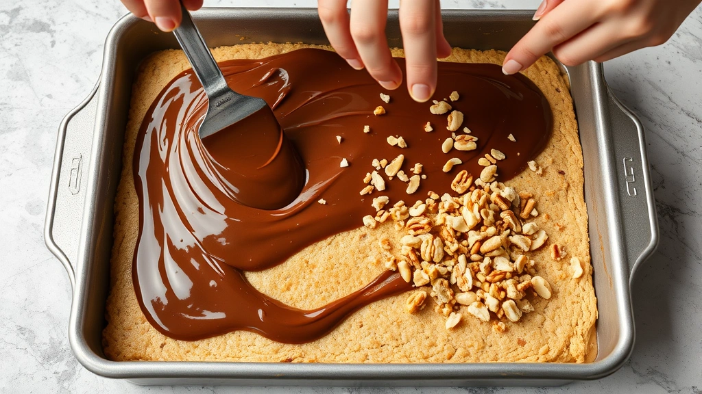 process: spreading chocolate condensed milk mixture over pressed cookie dough base in 9x13 baking pan, nuts being sprinkled on top, hands using spatula, photorealistic, natural light, no text