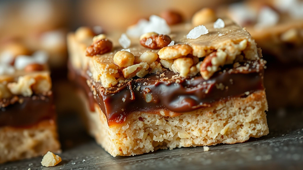 detail: close-up of single bar cookie showing layers - buttery shortbread base, gooey chocolate middle, chopped nuts, sea salt crystals on top, photorealistic, shallow depth of field, natural light, no text