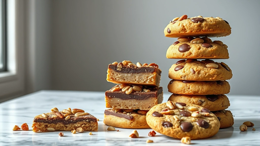 hero: finished tasty bar cookies stacked and arranged on a marble surface, showing layers of buttery base and chocolate-nut topping, photorealistic, natural window light, no text
