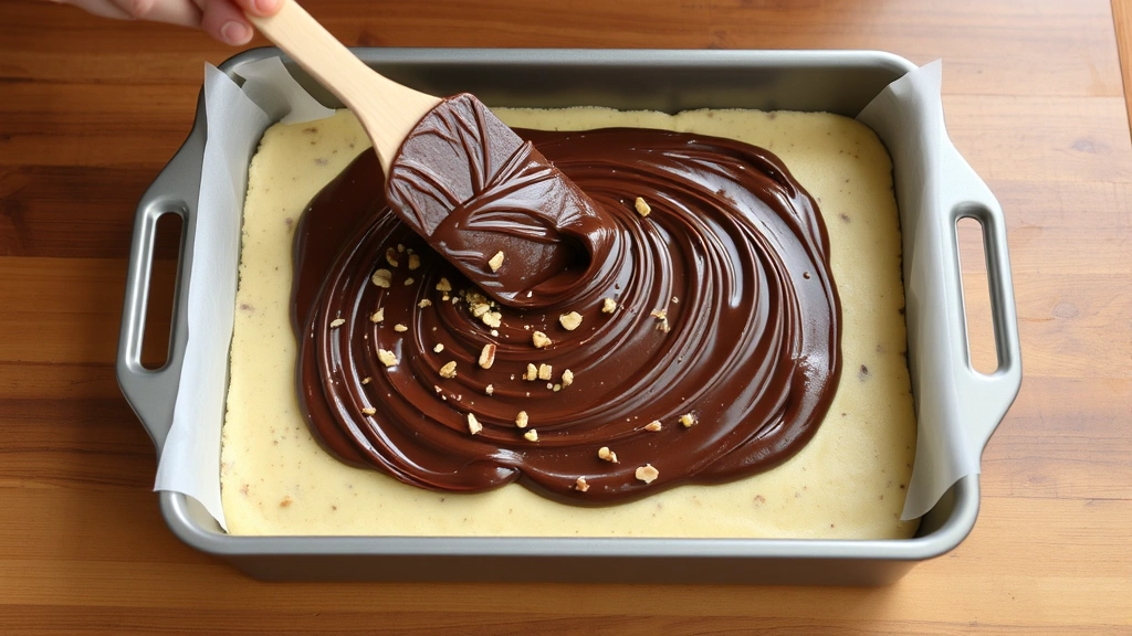 process: spreading chocolate-nut mixture over baked base layer in baking pan with spatula, photorealistic, natural light, no text
