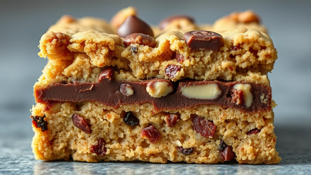 detail: close-up cross-section of single bar cookie showing distinct layers of base, chocolate, and nuts, photorealistic, natural light, no text
