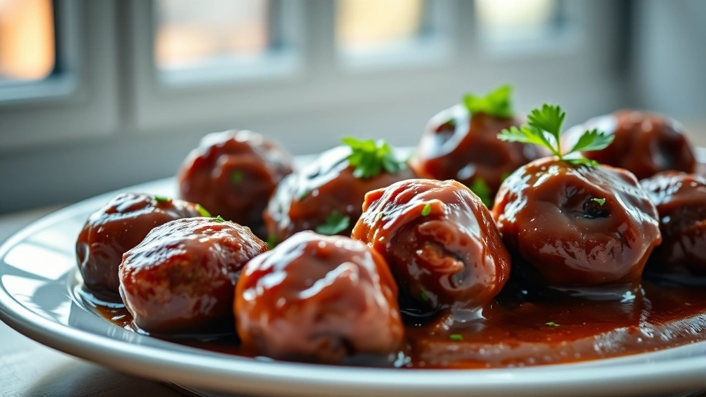 hero: platter of glossy barbecue meatballs in rich brown sauce, garnished with fresh parsley, on a white ceramic plate with soft natural window light, shallow depth of field