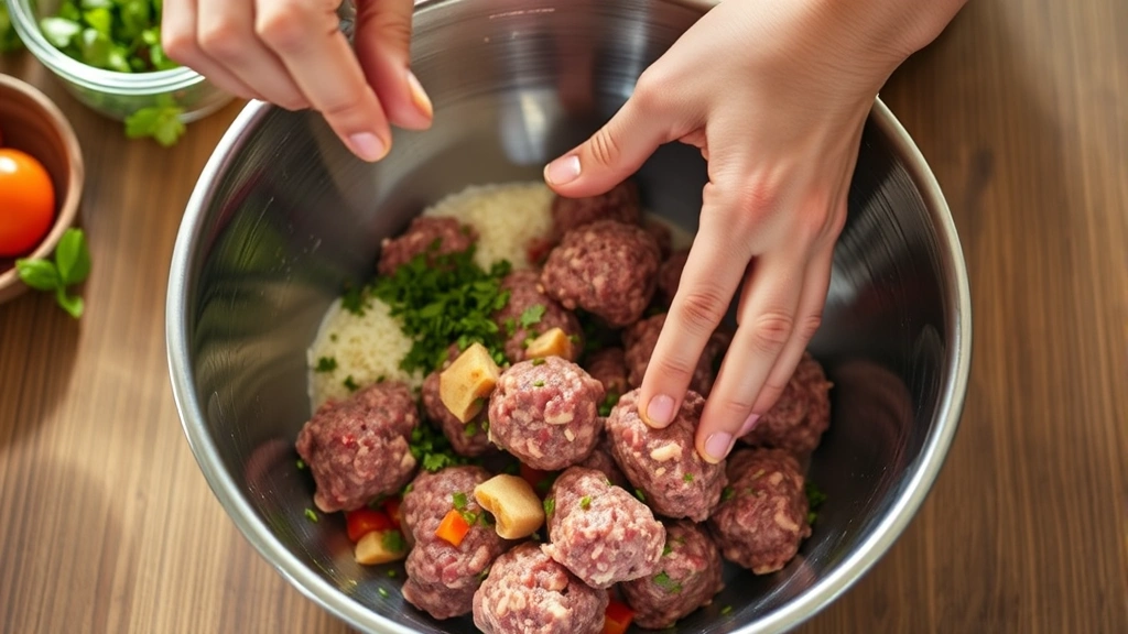 process: hands gently mixing raw meatball ingredients in a stainless steel bowl, soft natural lighting from above, ingredients visible and fresh