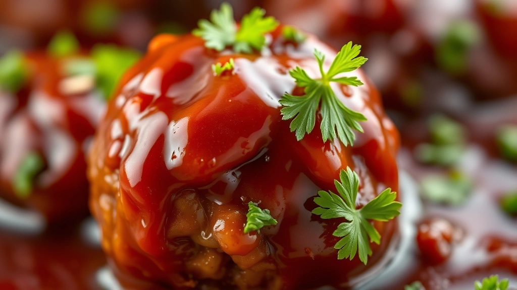 detail: close-up macro shot of single barbecue meatball coated in glossy sauce with parsley garnish, depth of field showing sauce texture and caramelization