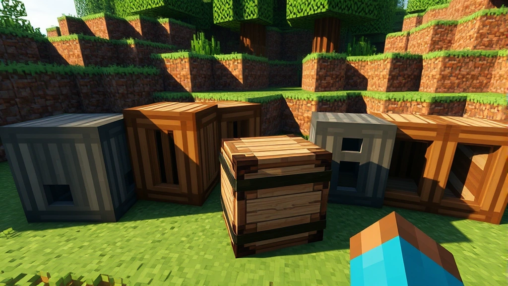 process: Minecraft player placing a wooden barrel block into their world next to other storage containers, photorealistic Minecraft style, natural game lighting, no UI elements visible