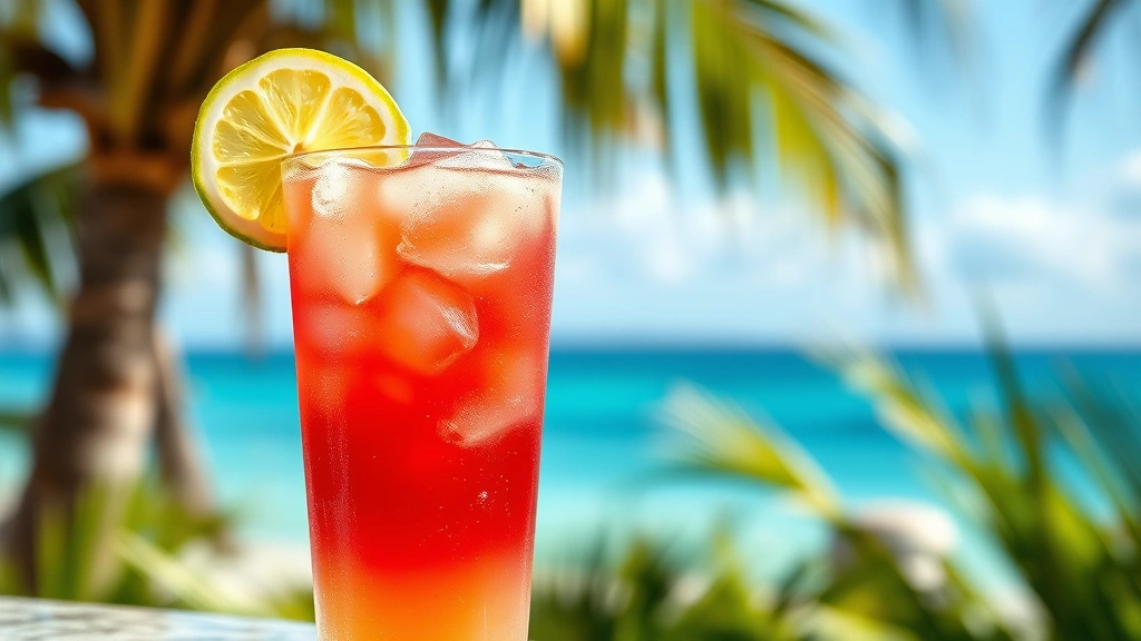 hero: Bay Breeze cocktail in highball glass with ice, cranberry red and pineapple yellow layered gradient, lime wheel garnish, condensation on glass, tropical background, photorealistic, natural sunlight, vibrant colors, no text