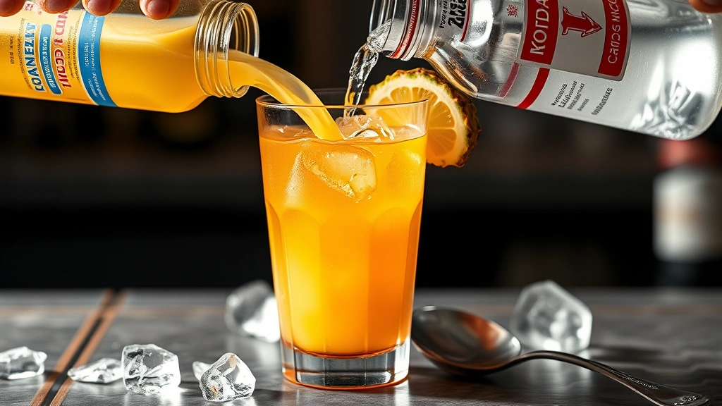 process: pouring pineapple juice into highball glass with vodka and cranberry juice, ice visible, bar spoon nearby, photorealistic, natural light, no text