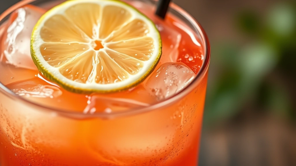 detail: close-up of Bay Breeze cocktail showing layered juices, lime wheel garnish, ice cubes, photorealistic, macro photography, natural light, no text