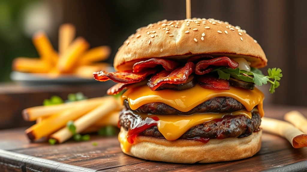 hero: perfectly grilled BBQ burger with melted cheese and caramelized glaze on toasted bun, stacked with bacon and fresh toppings, photorealistic, natural outdoor lighting, professional food photography, no text