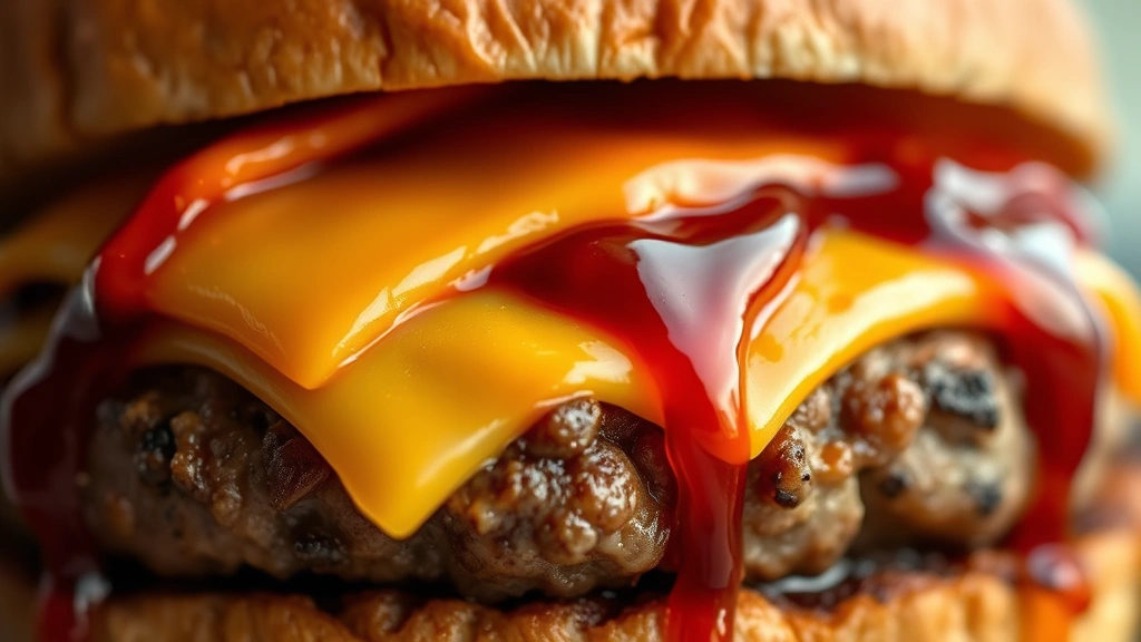 detail: close-up of juicy burger patty with melted American cheese and caramelized BBQ glaze dripping down sides, photorealistic, shallow depth of field, natural light, no text