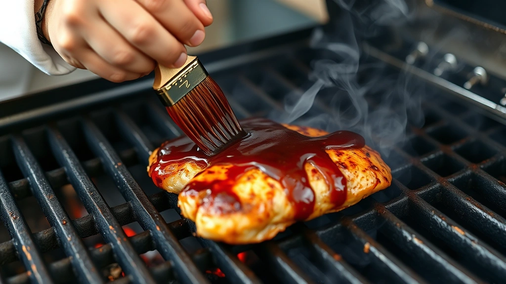 process: chef brushing homemade BBQ glaze onto chicken breast on hot grill grates, caramelization visible, smoke rising, photorealistic, natural lighting, no text