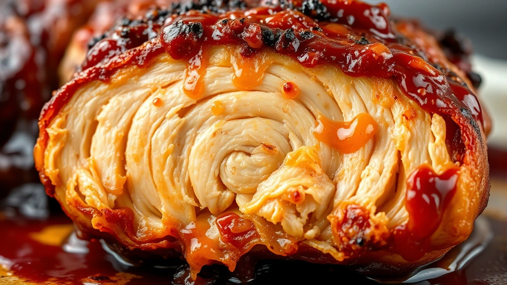 detail: close-up of perfectly cooked BBQ chicken breast cross-section showing juicy interior and caramelized exterior, glaze dripping, photorealistic, macro photography, no text