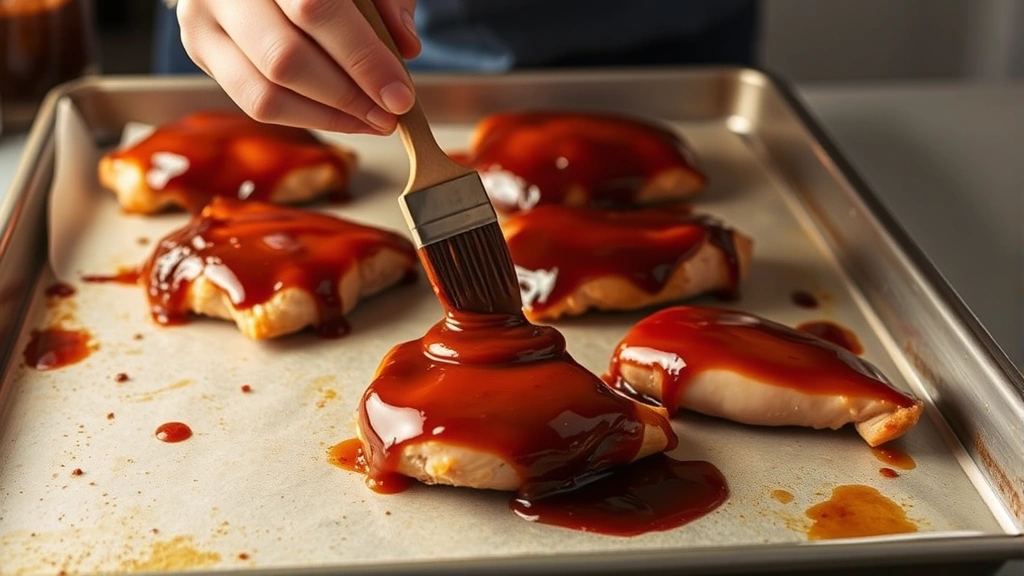 process: hands brushing homemade BBQ sauce on chicken pieces on baking sheet with pastry brush, rich brown sauce, warm kitchen lighting