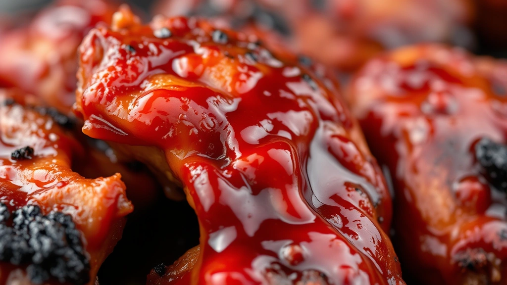 detail: close-up of BBQ chicken with sticky caramelized sauce and charred edges, glistening skin, sauce dripping, macro photography, shallow focus