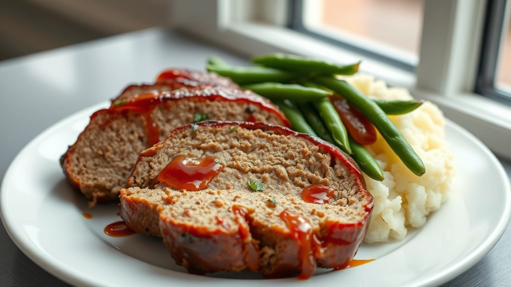 hero: sliced BBQ meatloaf with caramelized glaze on white plate, served with mashed potatoes and green beans, photorealistic, natural window light, no text