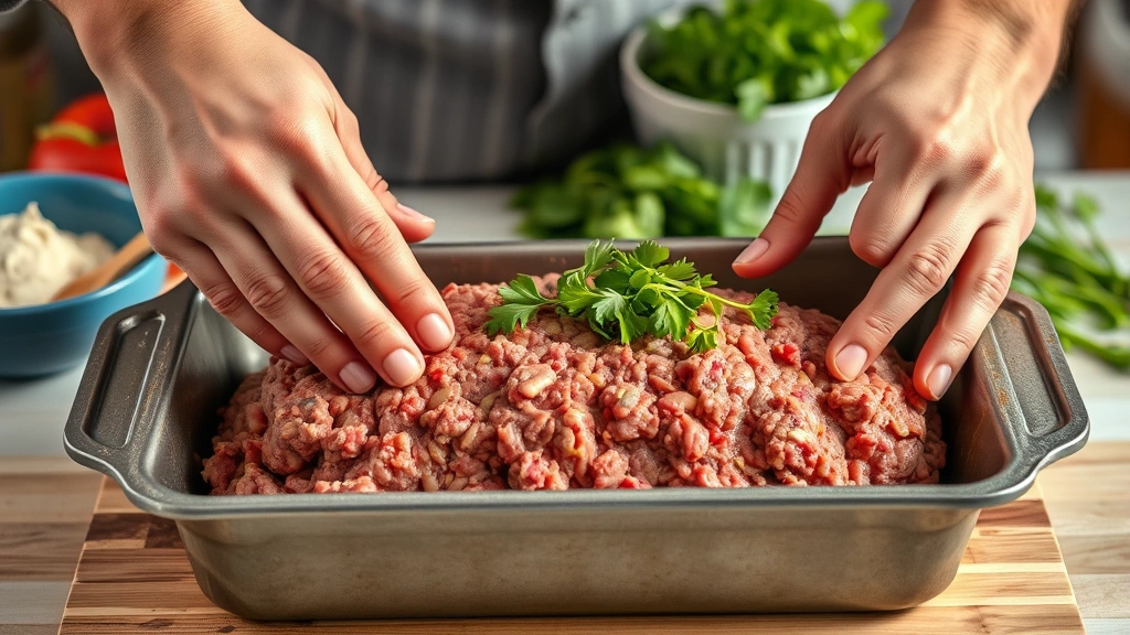 process: hands forming raw meatloaf mixture in loaf pan, fresh ingredients in background, photorealistic, natural kitchen light, no text