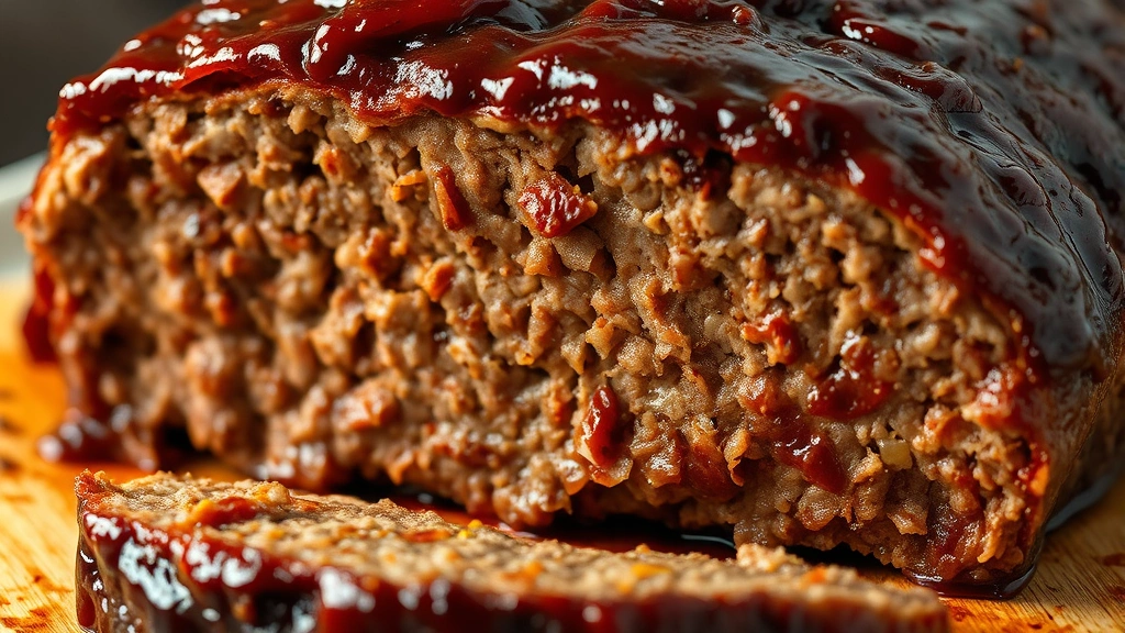 detail: close-up cross-section of cooked meatloaf showing moist interior and sticky BBQ glaze, photorealistic, studio lighting, no text