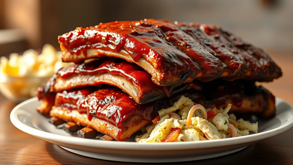 hero: perfectly glazed oven-baked BBQ ribs stacked on white plate with coleslaw, photorealistic, natural daylight streaming from left, shallow depth of field, no text
