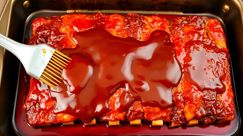 process: brushing glossy BBQ sauce onto ribs in baking pan mid-cooking, photorealistic, warm kitchen lighting, showing sauce consistency and meat texture, no text