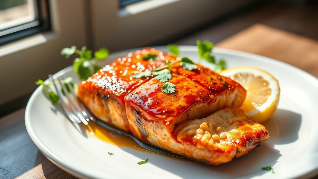 hero: perfectly cooked BBQ salmon fillet with glistening caramelized glaze on white ceramic plate, garnished with fresh cilantro and lemon slice, soft natural window light creating shadows, shallow depth of field, photorealistic