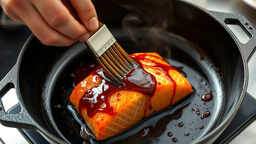 process: cast iron skillet with salmon fillet skin-side down, chef's hand brushing glossy BBQ glaze onto fish with pastry brush, golden caramelization visible, steam rising, natural daylight, photorealistic