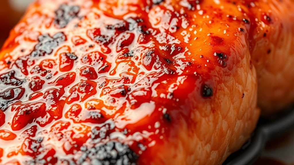 detail: close-up macro shot of BBQ salmon surface showing crispy caramelized glaze texture, flaky salmon flesh, glistening sauce, warm golden-brown tones, studio lighting, photorealistic