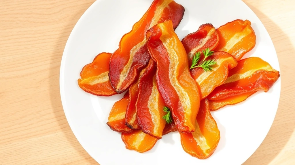 hero: perfectly crispy bacon strips arranged on white plate with fresh herbs garnish, golden-brown color, photographed from directly above in natural window light, minimalist styling with subtle shadows