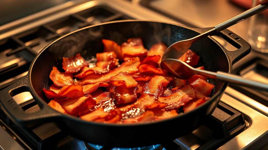 process: bacon cooking in cast-iron skillet over stovetop flame, sizzling and browning, steam rising, captured mid-cook with tongs nearby, warm kitchen lighting, focus on the bacon strips