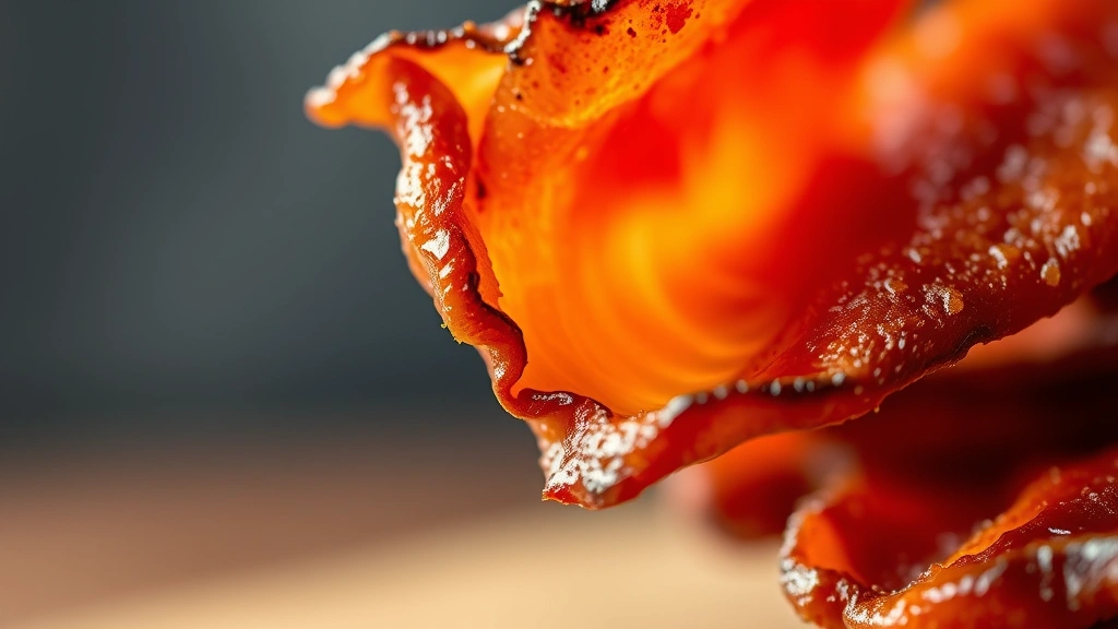 detail: extreme close-up of crispy bacon strip showing texture detail, caramelized edges, rendered fat, shallow depth of field with blurred background, natural daylight, food photography style