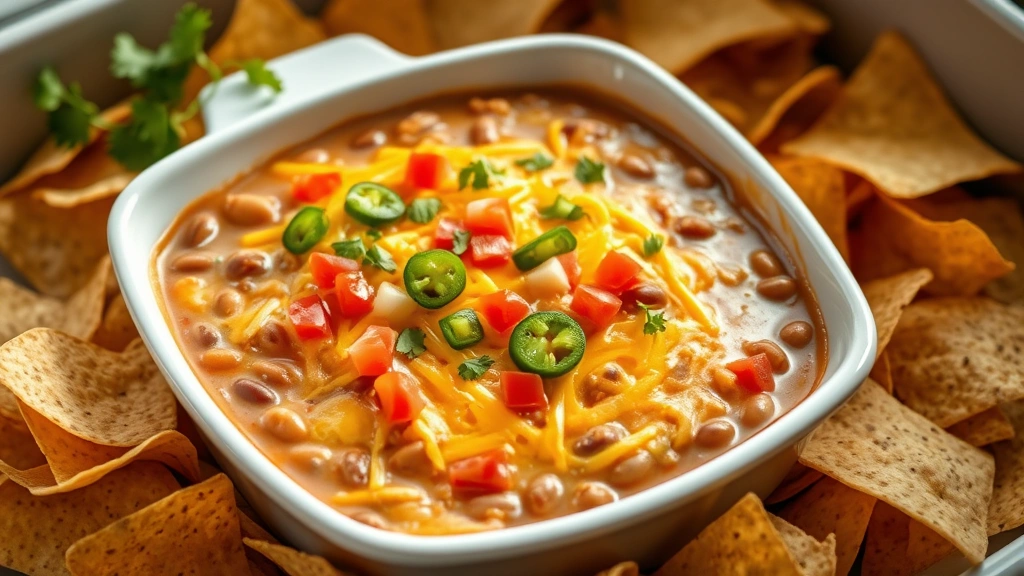 hero: warm creamy bean dip in white ceramic baking dish topped with melted cheese, fresh cilantro, diced tomatoes and jalapeños, surrounded by tortilla chips, photorealistic, natural daylight from window, no text