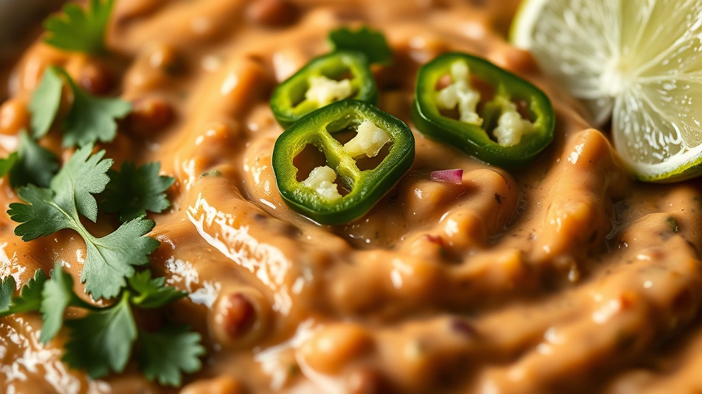 detail: close-up of finished bean dip garnished with fresh cilantro, diced red onion, jalapeño slices and lime wedge on the side, photorealistic, shallow depth of field, natural light, no text