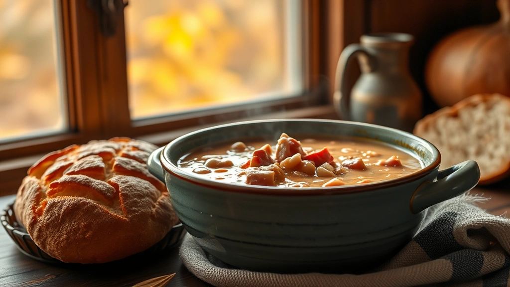 hero: rustic bowl of creamy bean soup with ham, steaming hot, crusty bread beside bowl, warm autumn lighting through window, cozy farmhouse setting, photorealistic, natural light, no text