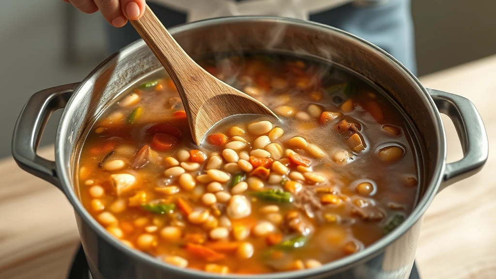 process: chef stirring large pot of simmering bean soup with wooden spoon, vegetables visible in broth, steam rising, photorealistic, natural light, no text
