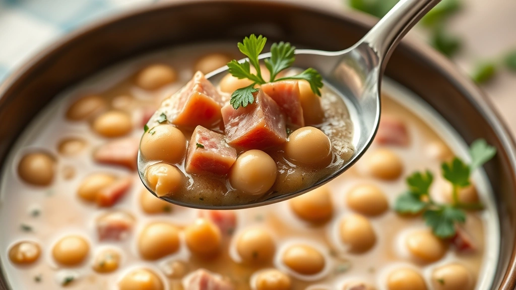 detail: close-up of spoon lifting creamy beans and ham pieces from soup bowl, garnished with fresh parsley, photorealistic, natural light, no text