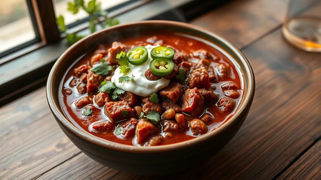 hero: steaming bowl of rich dark red beanless chili with tender beef chunks, topped with fresh cilantro, sour cream, and jalapeños, rustic wooden table, natural daylight from window, no text