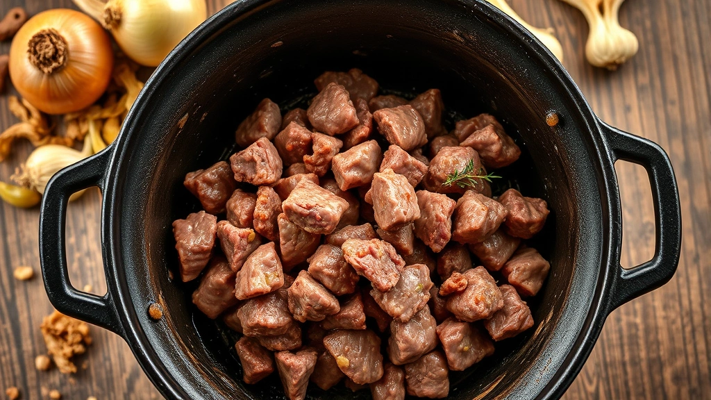 process: browning ground beef in cast iron Dutch oven, sizzling meat with browned edges, golden onions and garlic in background, overhead angle, photorealistic natural light, no text