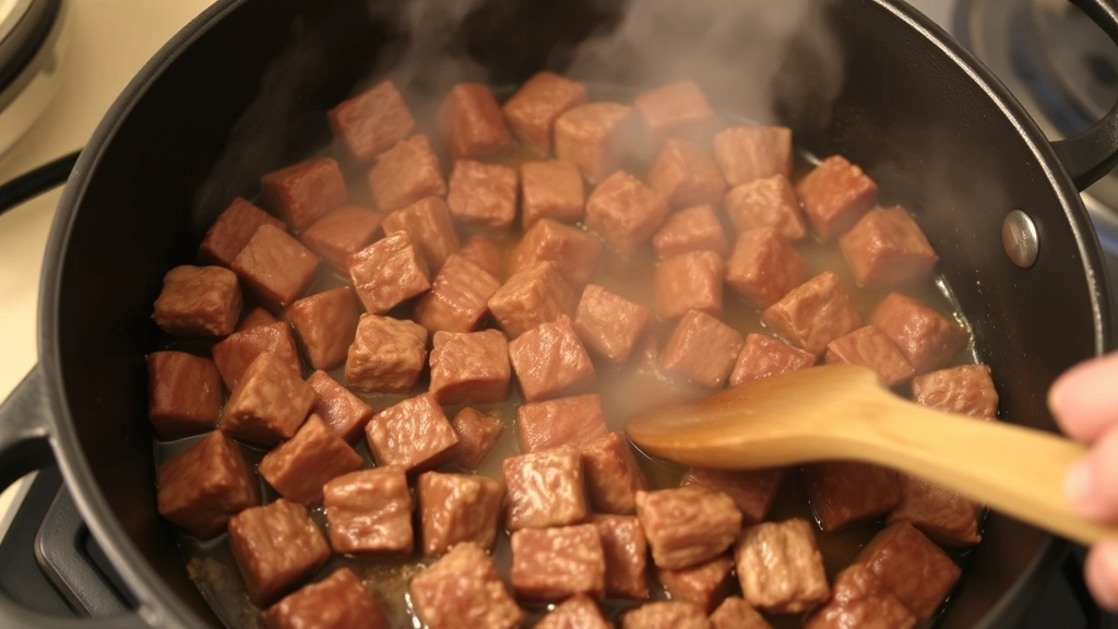process: browning beef cubes in cast iron Dutch oven, caramelized crust visible, steam rising, wooden spoon in hand, warm kitchen lighting, no text