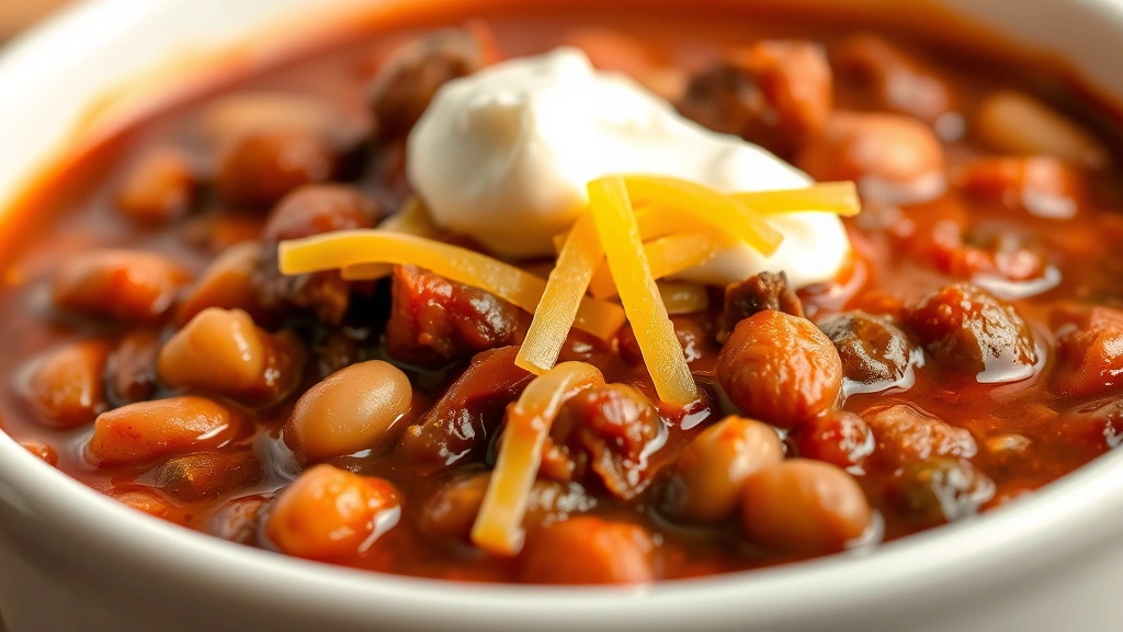 detail: close-up of finished beanless chili in white ceramic bowl, rich deep red color, melting cheddar cheese, dollop of sour cream, visible spices and meat texture, shallow depth of field, photorealistic, no text