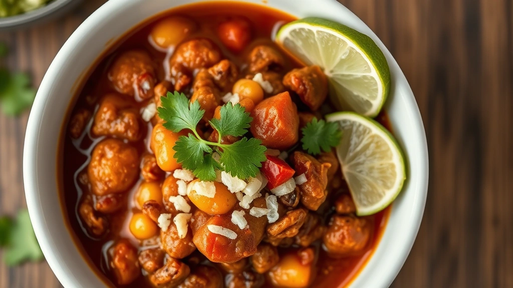 detail: close-up overhead shot of finished chili in white ceramic bowl, garnishes perfectly arranged, lime wedge and cilantro sprig visible, shallow depth of field, natural light, no text
