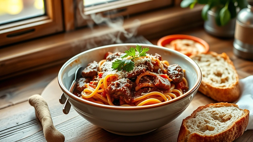 hero: steaming bowl of beef and pasta with rich burgundy sauce, grated Parmesan cheese on top, fresh parsley garnish, crusty bread on the side, warm natural window light, rustic wooden table