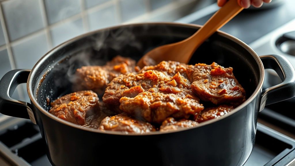 process: searing beef in pot with golden brown crust, steam rising, wooden spoon in hand, professional kitchen setting, natural daylight