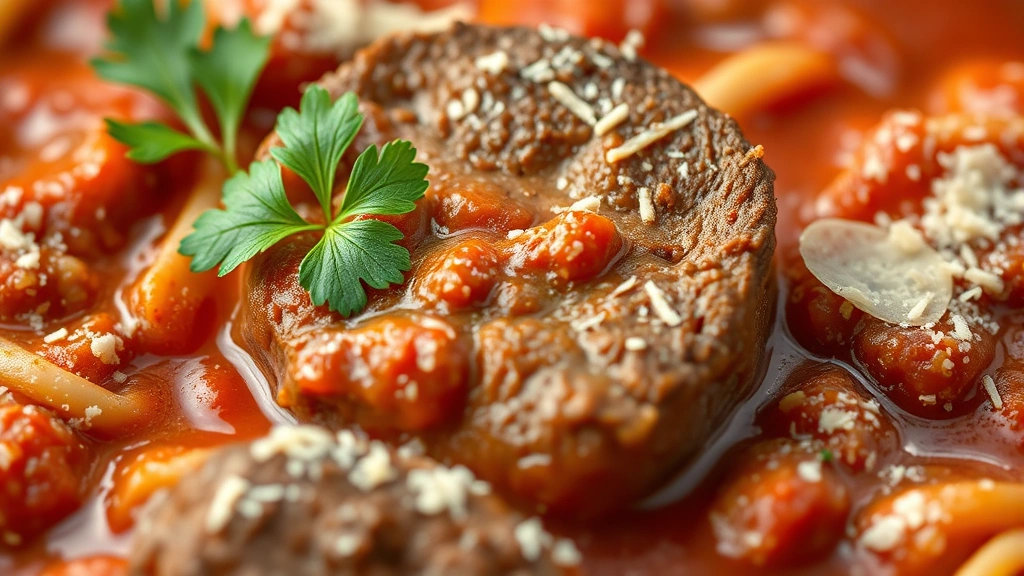 detail: close-up of tender beef piece in rich tomato sauce with pasta, fresh parsley leaf, grated Parmesan, shallow depth of field, warm lighting