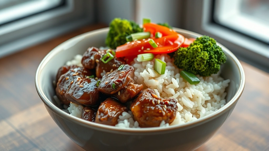 hero: bowl of beef and rice with glossy sauce, broccoli and bell peppers on top, garnished with sesame seeds and green onions, photorealistic, natural window light, shallow depth of field, no text