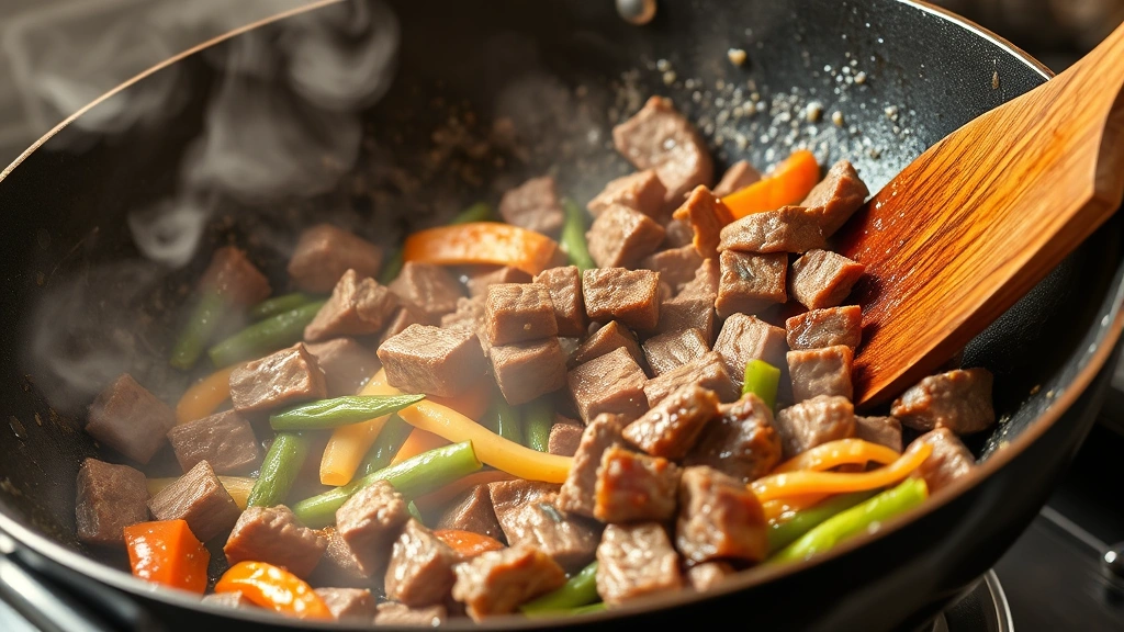 process: wok with sizzling beef strips being stir-fried, steam rising, vibrant vegetables, wooden spoon visible, photorealistic, bright kitchen lighting, no text