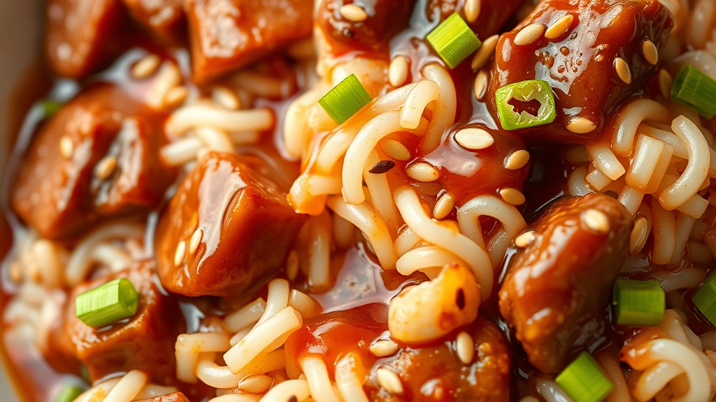detail: close-up of sauce-coated rice with tender beef pieces, sesame seeds and green onion garnish, droplets of sauce visible, photorealistic, macro photography style, natural light, no text