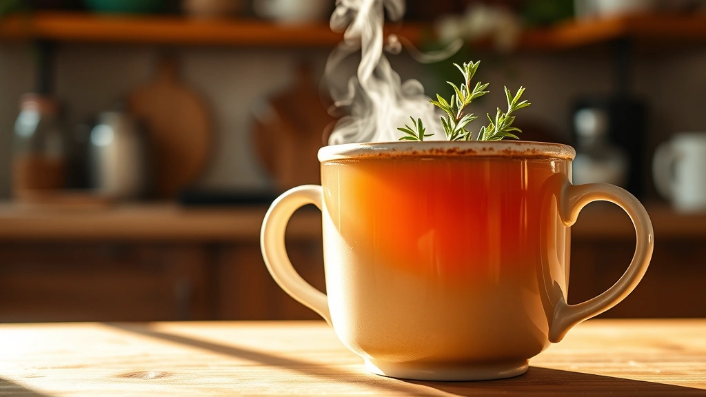 hero: steaming cup of rich golden-brown beef bone broth with gelatin coating, fresh thyme garnish, warm natural window light, ceramic mug, wooden table, cozy kitchen background